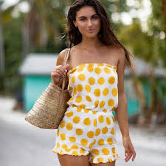 LULI FAMA Itsy Bitsy Strapless Polka Dot Ruffle Romper Small S Yellow - Picture 1 of 8